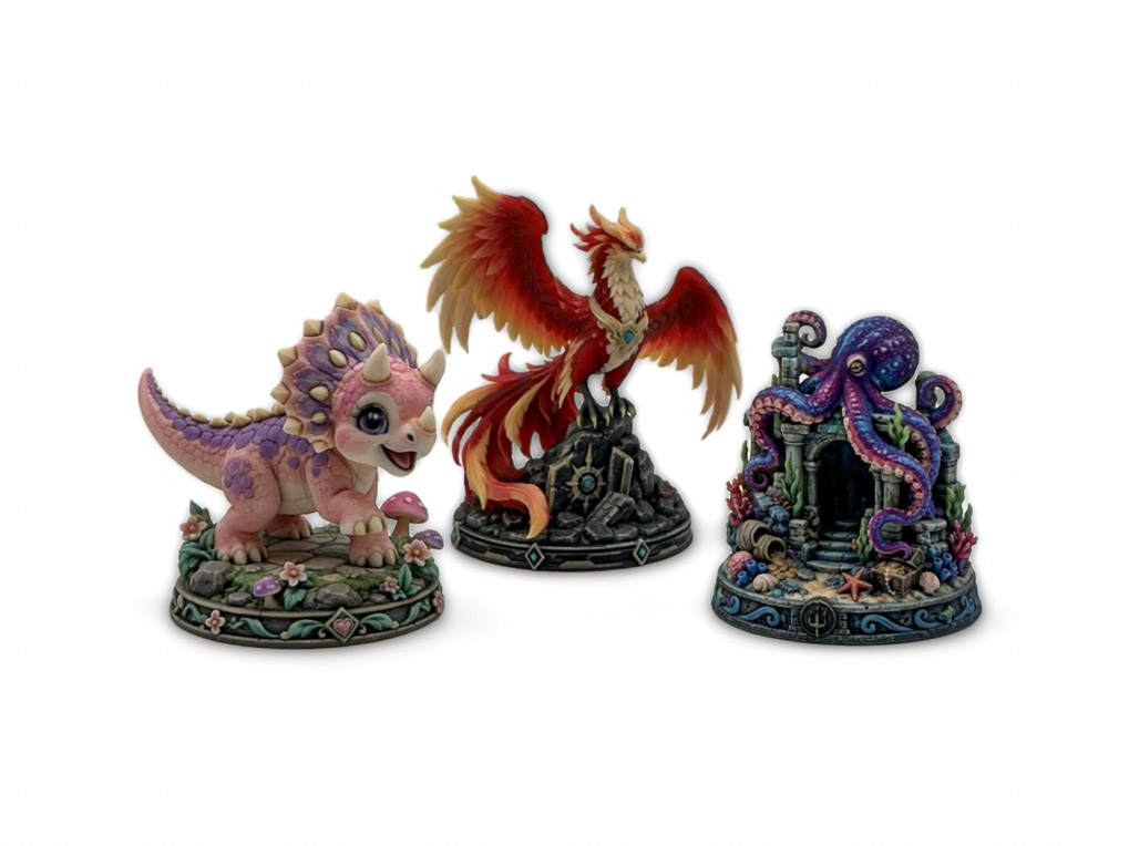Full-color dragon, phoenix and octopus figurines