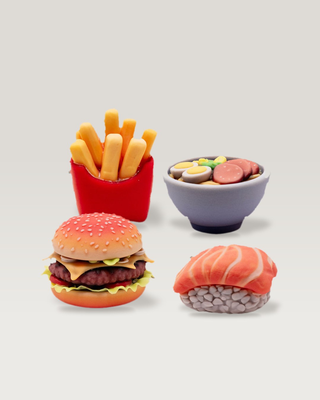 Full color miniature burger, fries, ramen and sushi