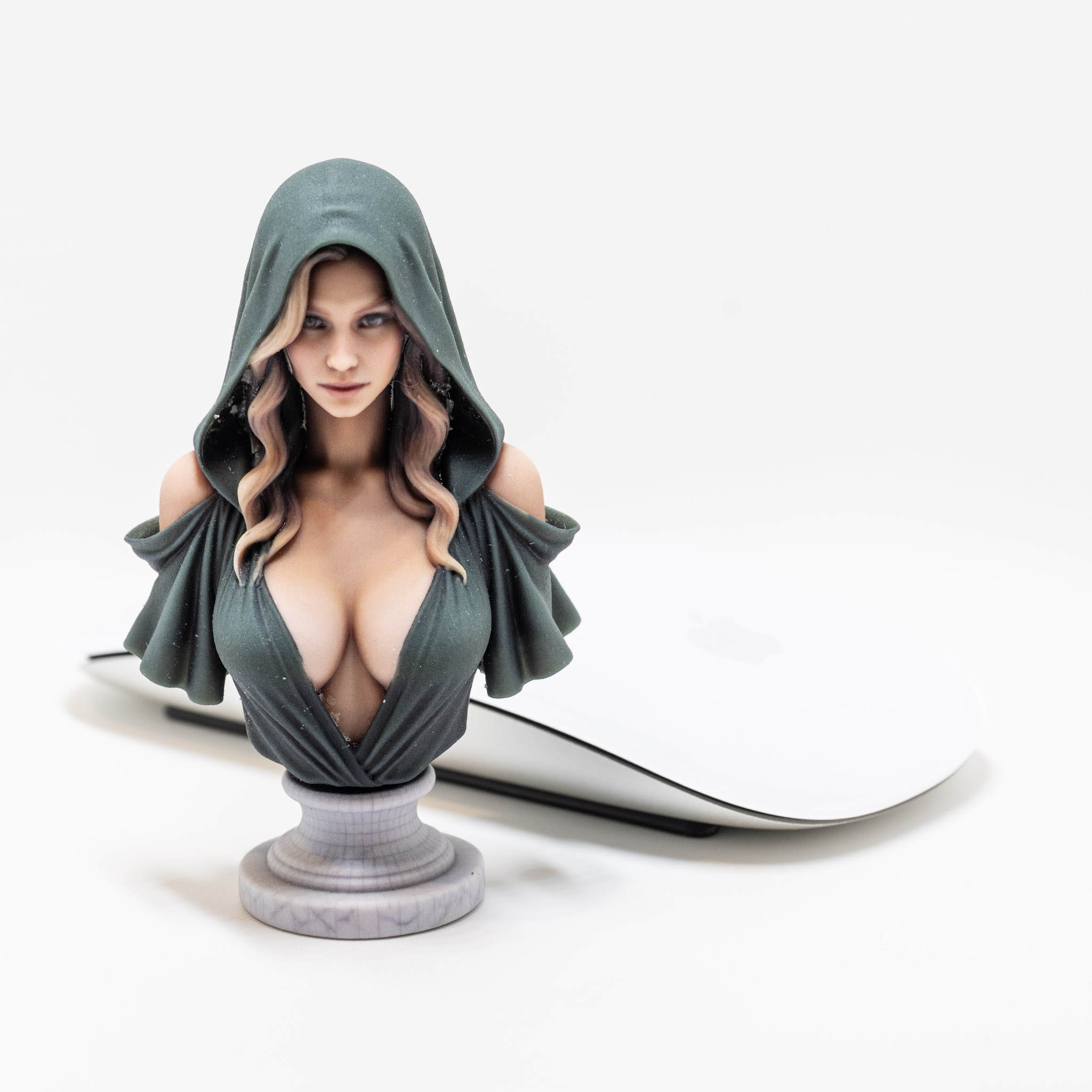 Full-color hooded character bust